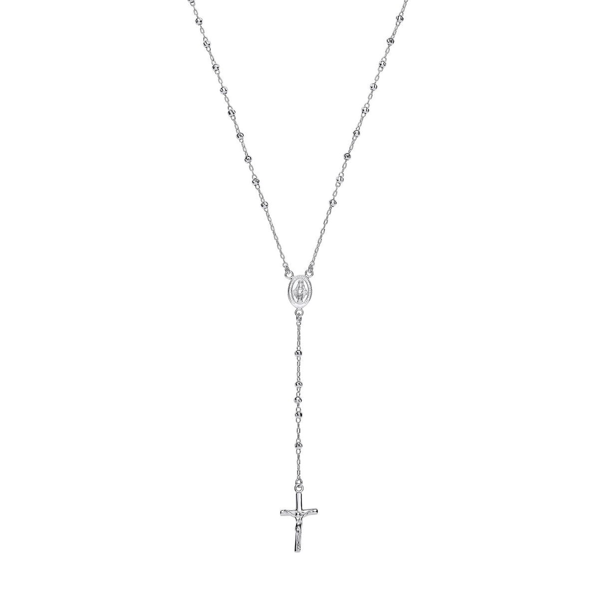 Sterling silver 24-inch rosary necklace with beaded chain, cross pendant, and oval medallion.