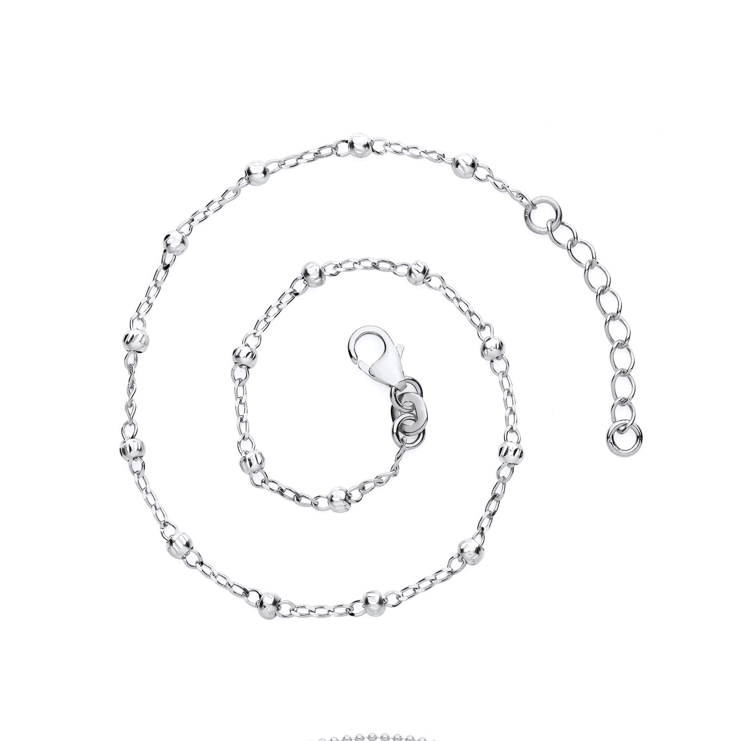 Sterling Silver Beaded Rolo Anklet with 1 Inch Extender