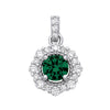 Sterling silver pendant featuring a simulated emerald center surrounded by rows of cubic zirconia.