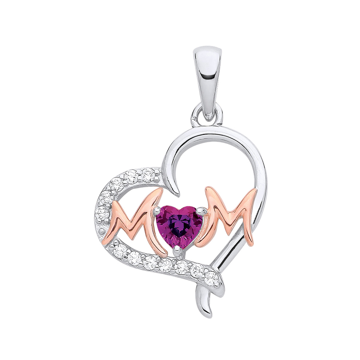 Two tone rose gold and silver heart pendant with “Mum,” clear stones, and a purple amethyst heart gem.