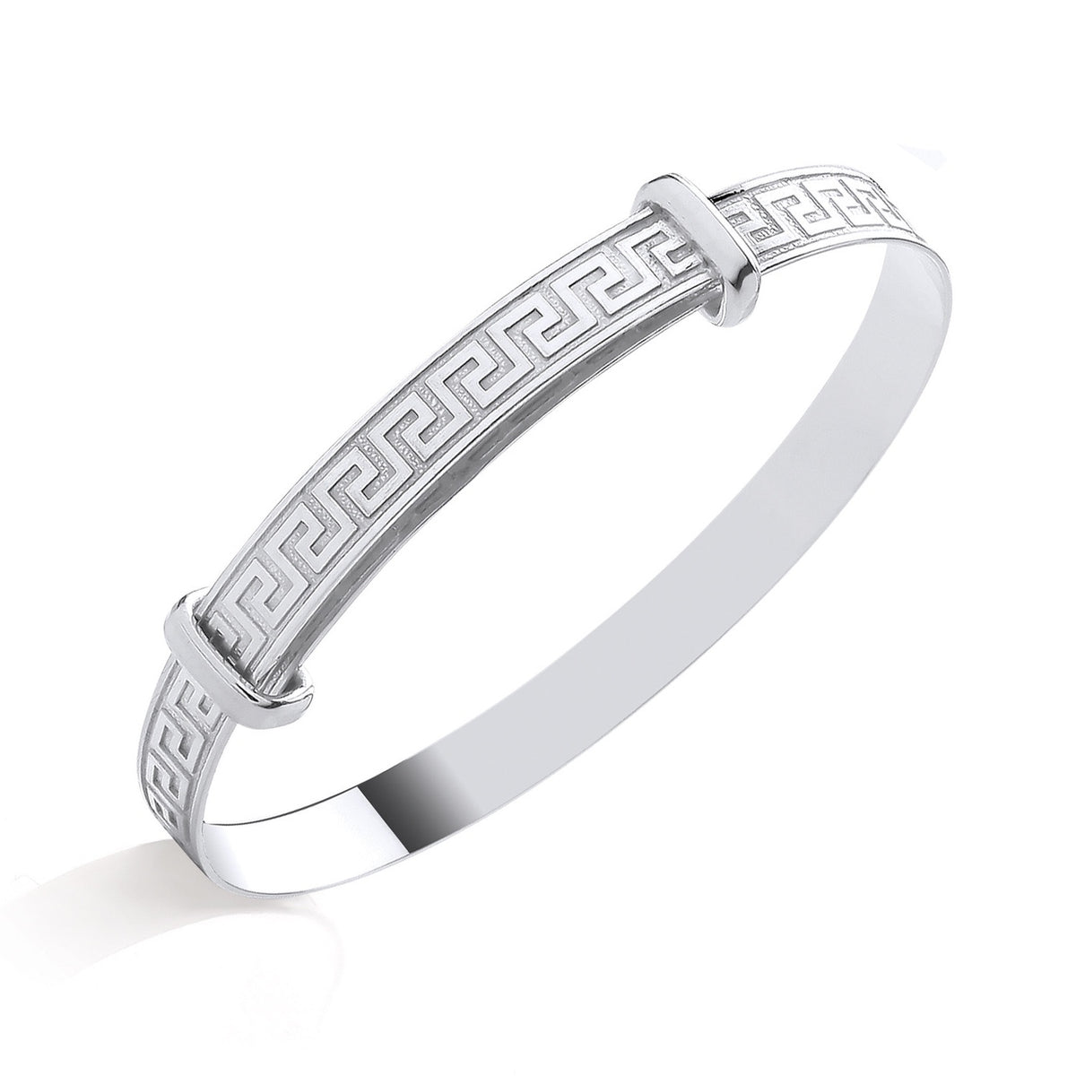 Silversmiths sterling silver expanding baby bangle featuring a Greek key pattern.