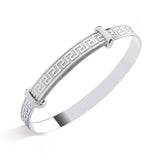 Silversmiths sterling silver expanding baby bangle featuring a Greek key pattern.