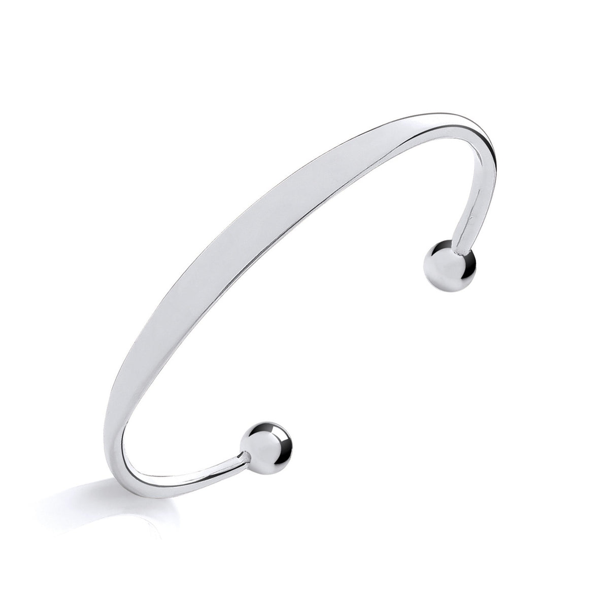 A minimalist sterling silver baby torque bangle with an ID plate is displayed on a plain white background.