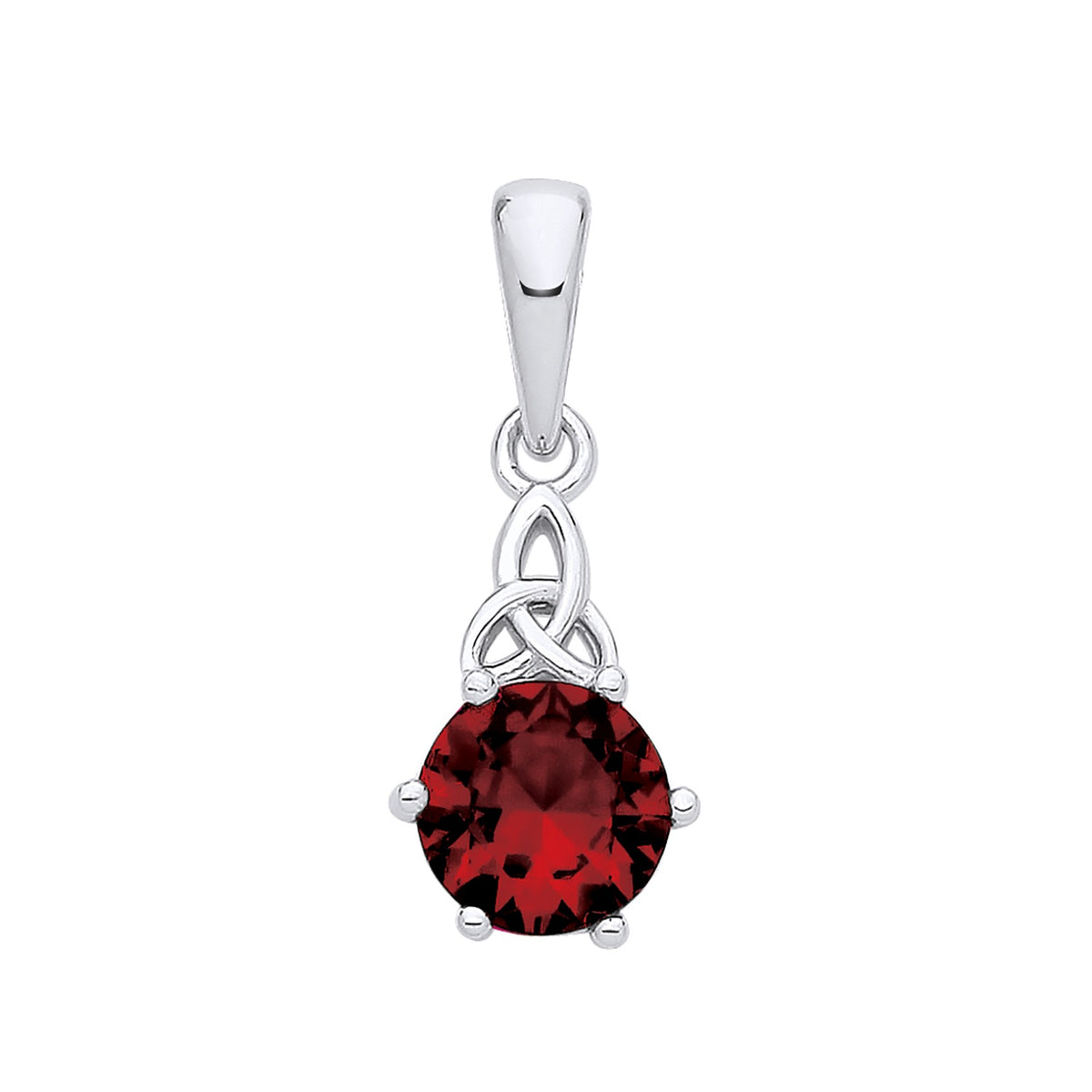 Sterling silver pendant with a simulated ruby in a four-prong setting and a Celtic Trinity knot design.