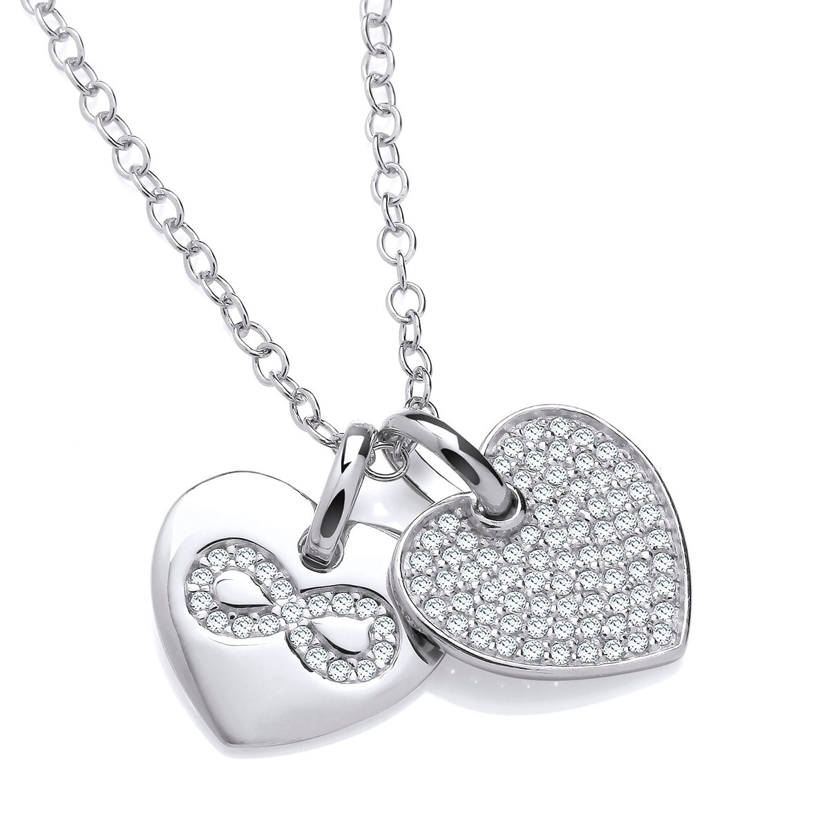 Sterling silver necklace by Silversmiths with a double heart infinity pendant, cubic zirconia accents, and a smooth charm.