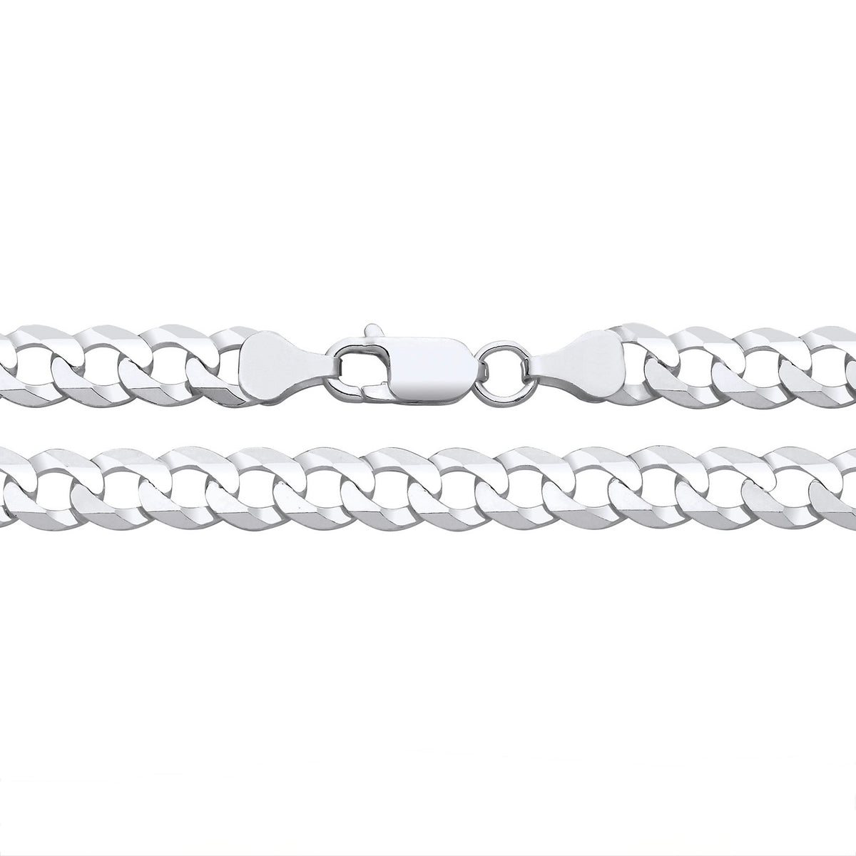 A 7mm sterling silver flat curb chain necklace with a lobster clasp shown close up on a white background.