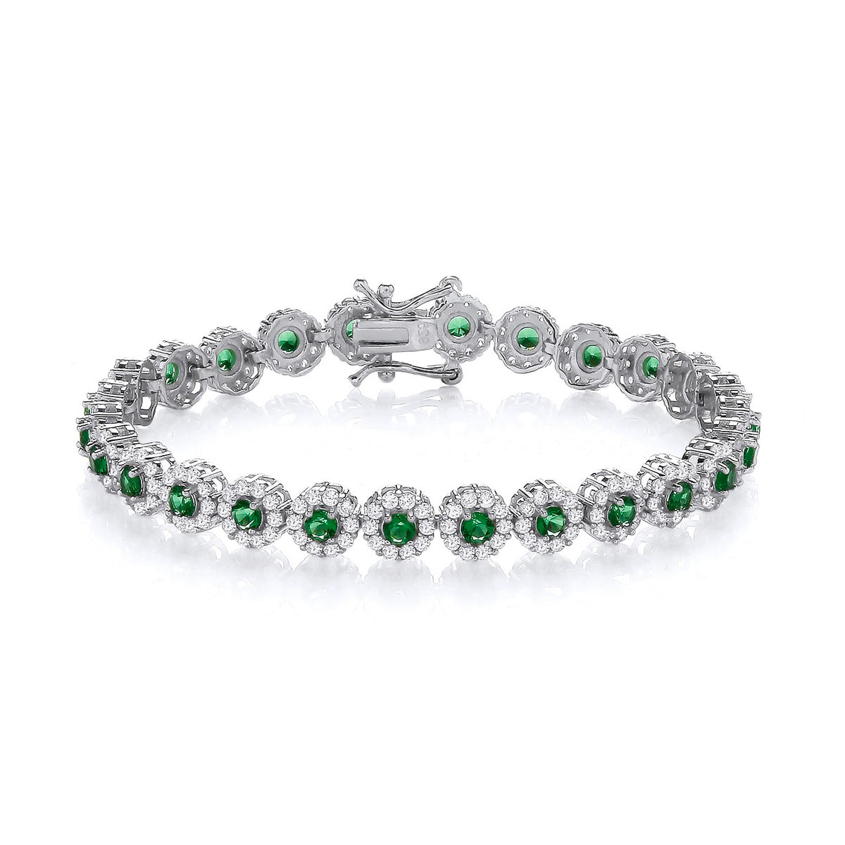 A sterling silver tennis bracelet with simulated emeralds and CZ halos, shown with a secure clasp on a white background.