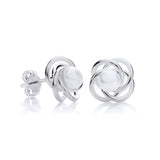 Sterling silver stud earrings feature freshwater pearls set in an open knot design.