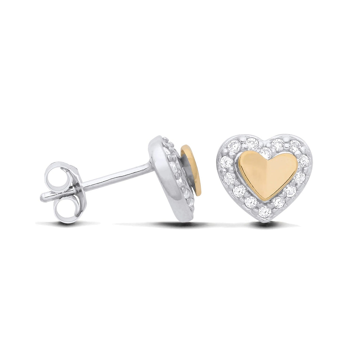 Sterling silver heart studs feature two-tone design, 18ct gold plating, and cubic zirconia accents.