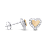 Sterling silver heart studs feature two-tone design, 18ct gold plating, and cubic zirconia accents.