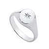 A sterling silver signet ring by Silversmiths features an oval cubic zirconia and starburst engraving on white background.