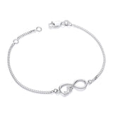 Sterling silver infinity station bracelet by Silversmiths with a lobster clasp, shown on a white background.