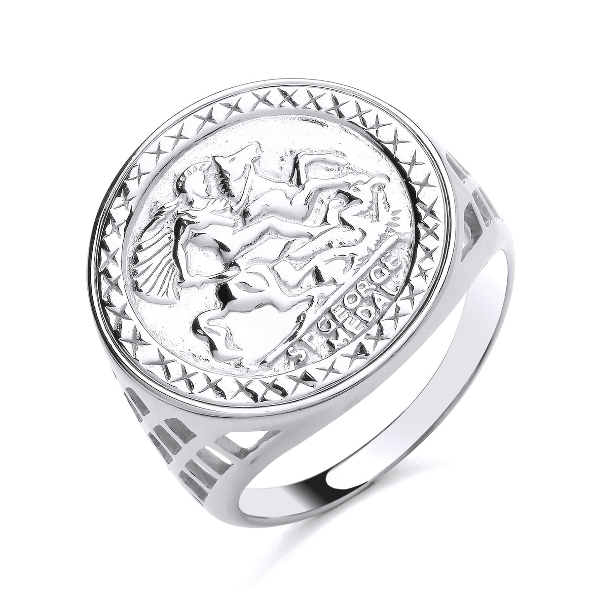 This sterling silver ring by Silversmiths has a round engraved St George face and detailed geometric edges.
