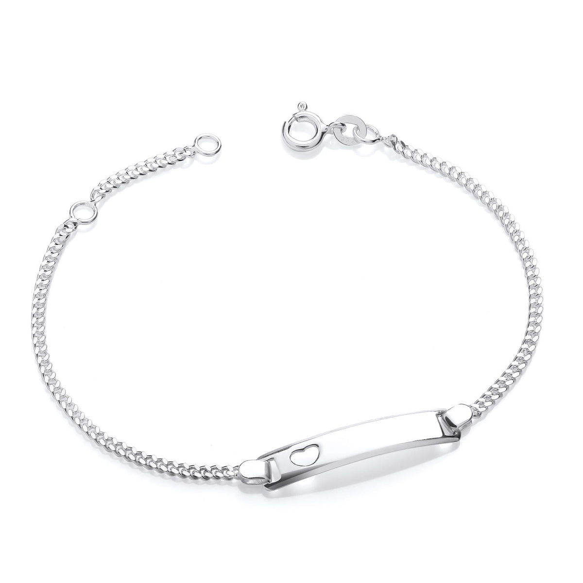 Sterling silver children’s heart ID bracelet, 16-18cm, with heart cutout and lobster clasp, displayed on a white background.