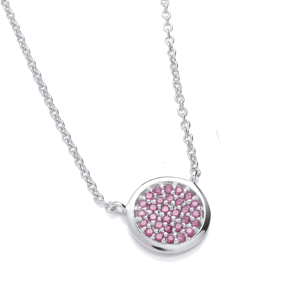 Sterling silver necklace with a circle cluster pendant featuring simulated rubies and sparkling gemstones.