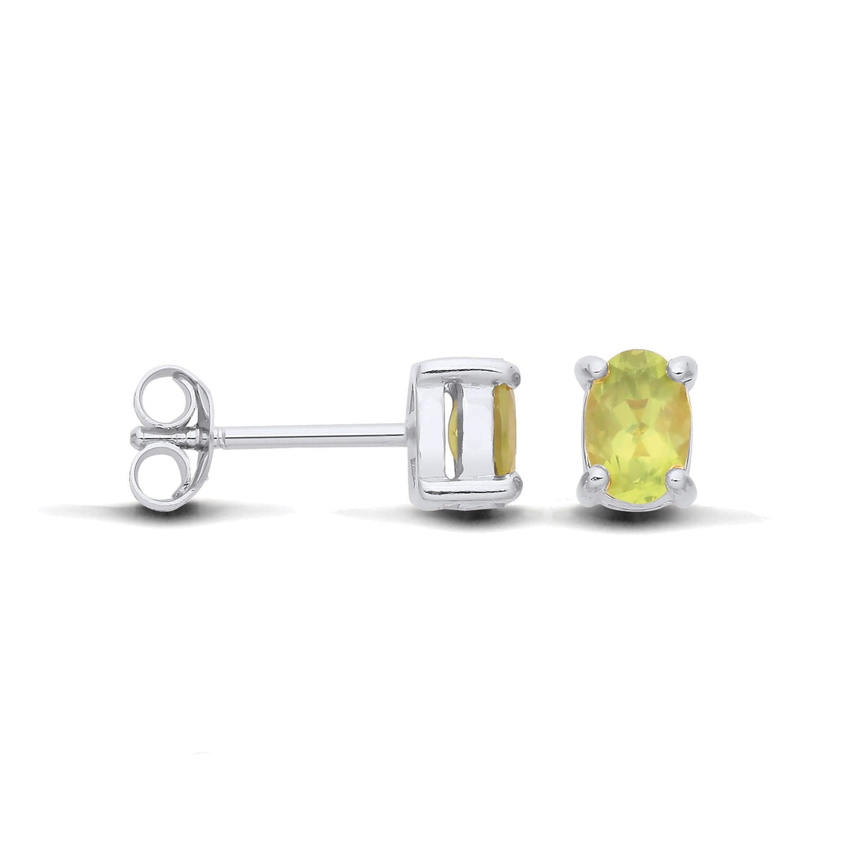 Sterling silver oval stud earrings by Silversmiths with natural peridot, shown from front and side views.