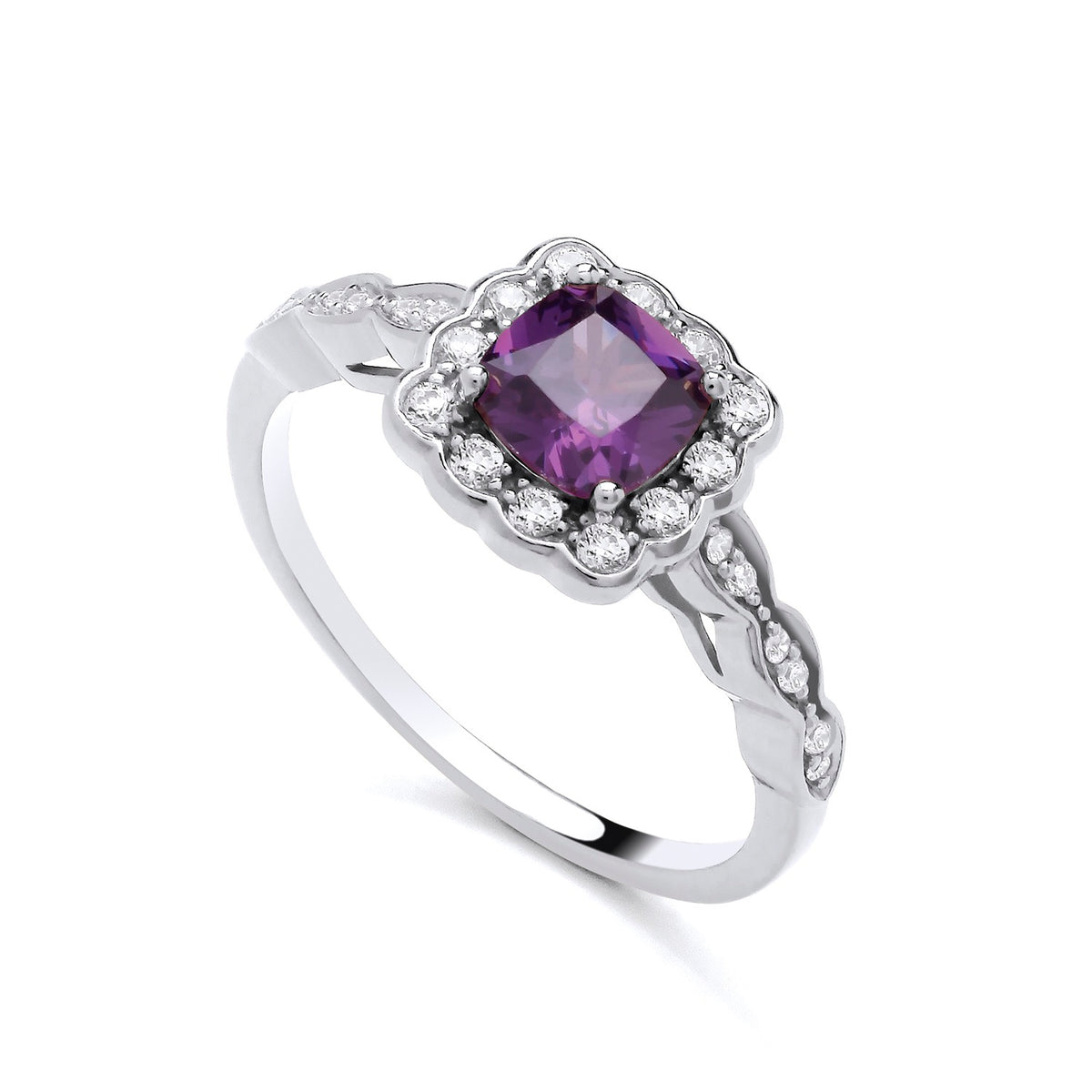 Sterling silver ring featuring a simulated amethyst center and cubic zirconia halo accents along the band.