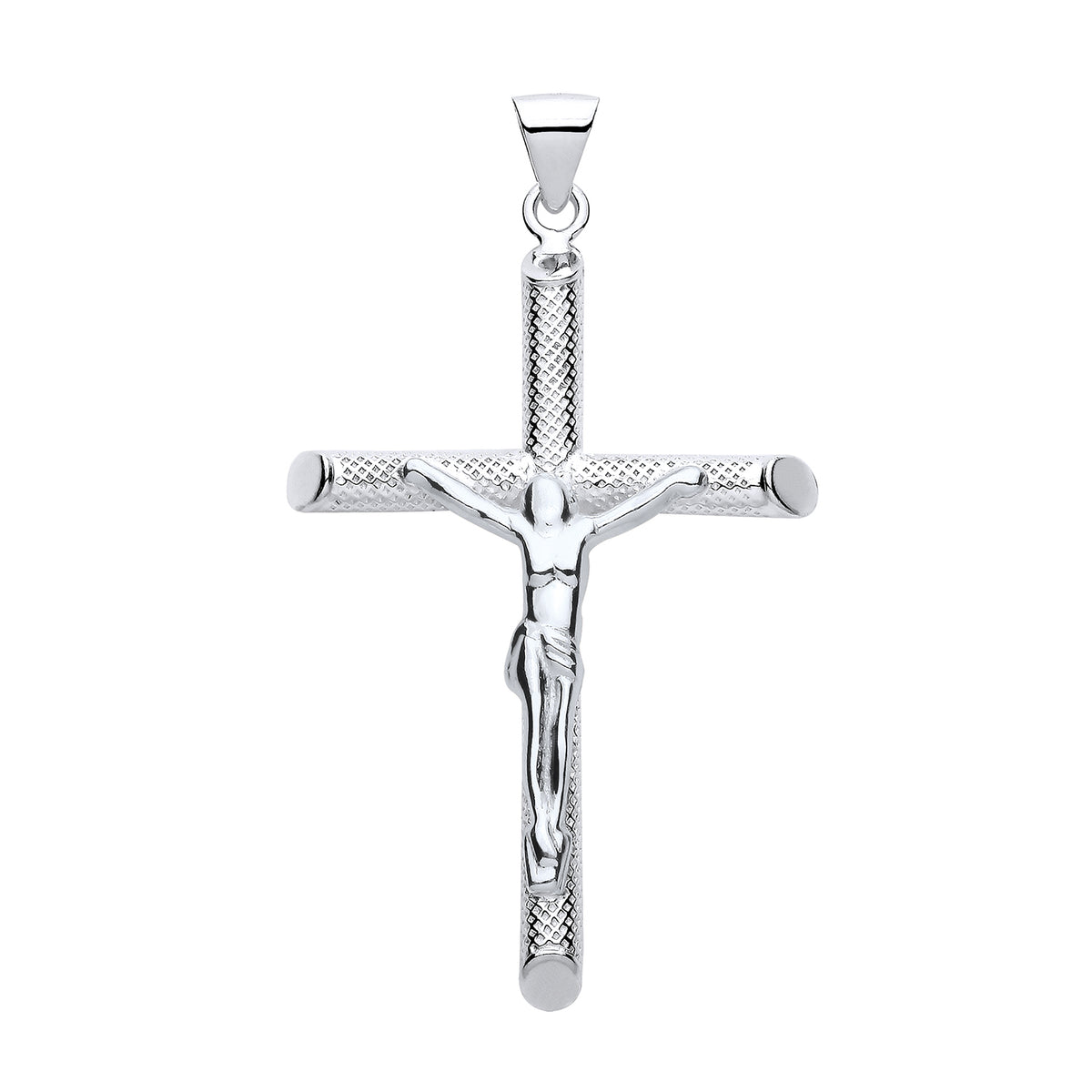 Sterling silver crucifix pendant with Jesus figure on a polished, textured cross and a loop for chaining.