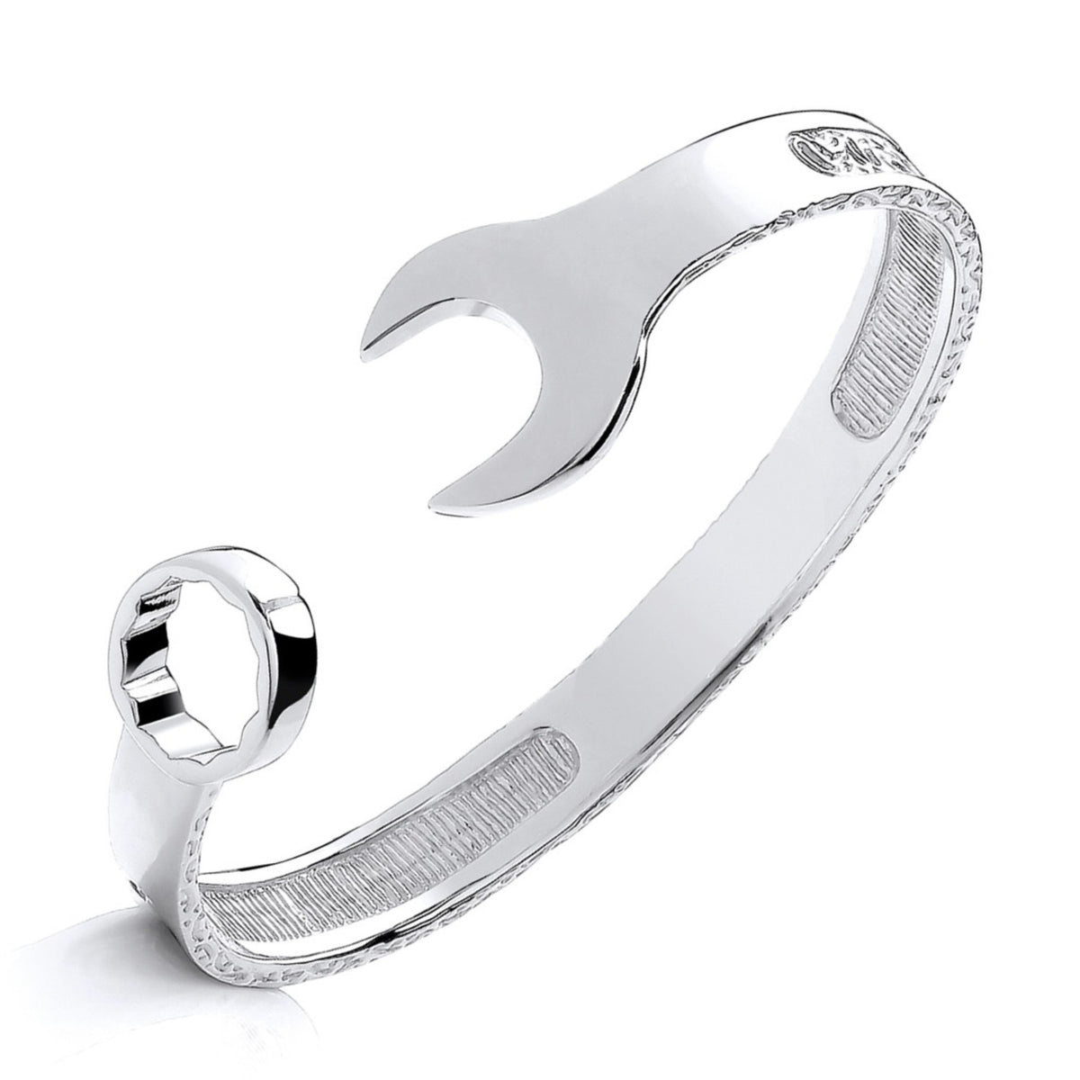 Silversmiths Silver Men’s 9mm torque bangle featuring spanner and wrench-shaped terminals with an industrial style.
