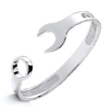 Silversmiths Silver Men’s 9mm torque bangle featuring spanner and wrench-shaped terminals with an industrial style.