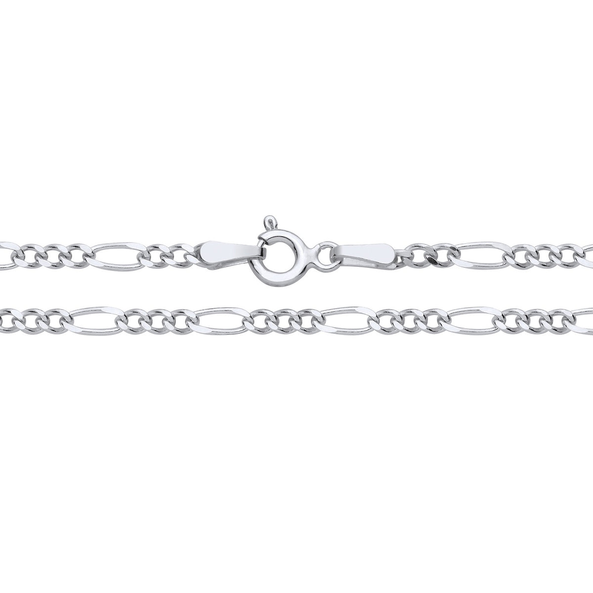 A 2.5mm sterling silver Figaro chain necklace with an open lobster clasp is displayed on a white background.