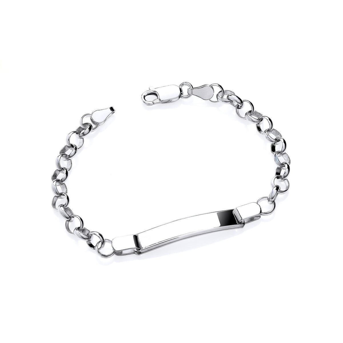 A polished sterling silver children’s ID Belcher bracelet by Silversmiths, displayed on a white background.