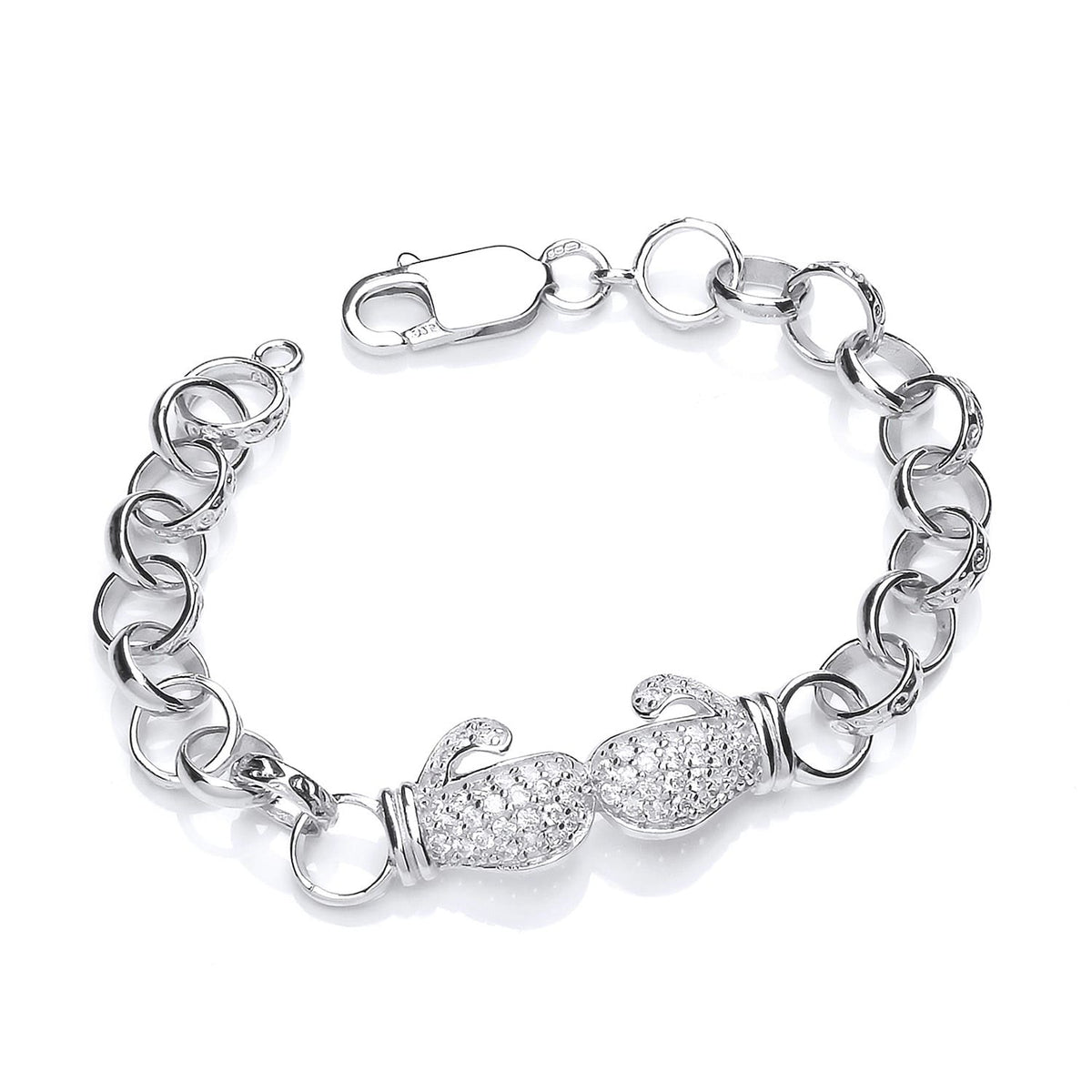Sterling silver child’s bracelet with cubic zirconia boxing glove charm and lobster clasp on a white background.