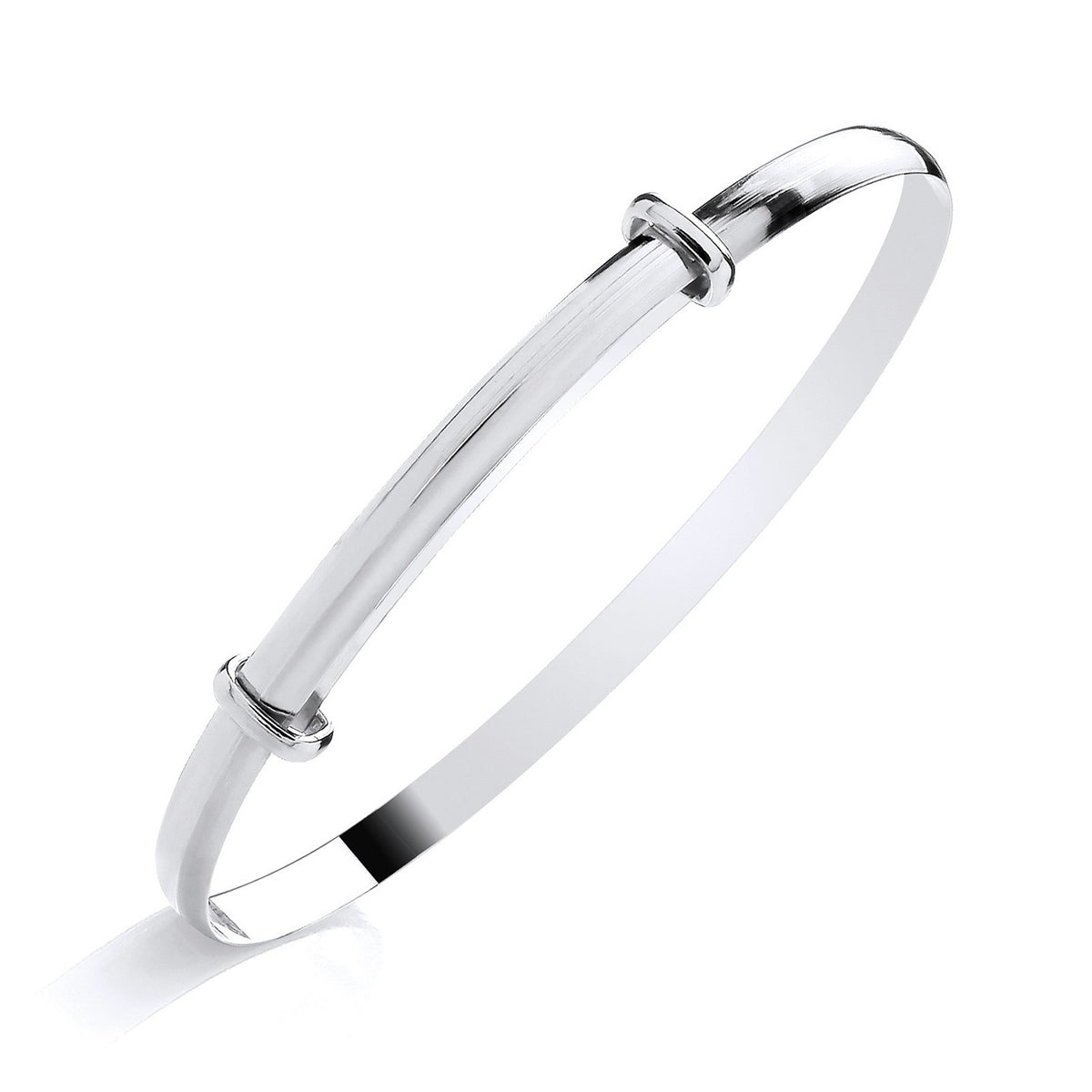 Sterling silver 4mm expanding bangle with D-shaped profile, two accents, and a minimalist bar design.