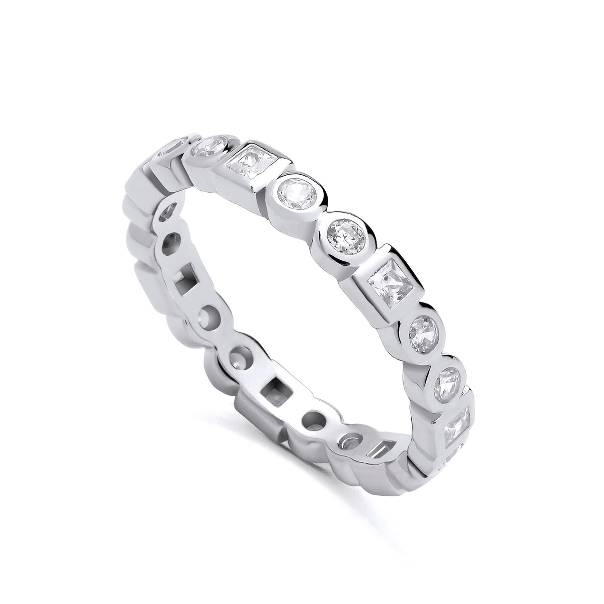 This sterling silver eternity ring has round and square cubic zirconia stones set all the way around.