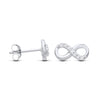 Sterling silver infinity stud earrings with cubic zirconia, displayed in both front and side views.