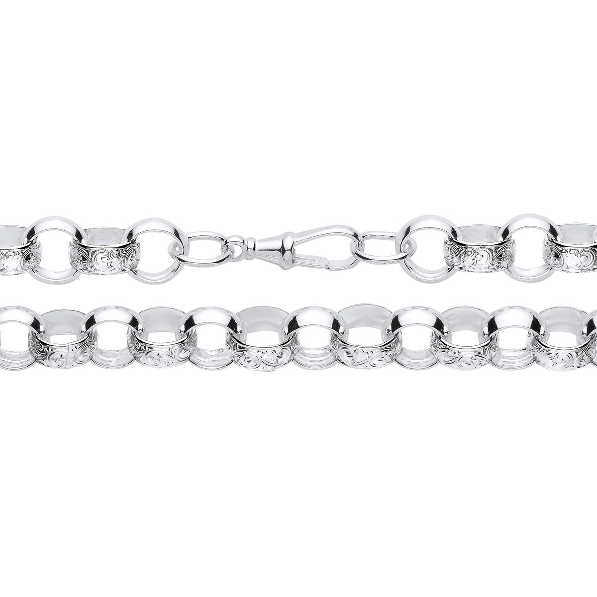 An 11.5mm sterling silver patterned Belcher chain necklace is displayed on a plain white background.