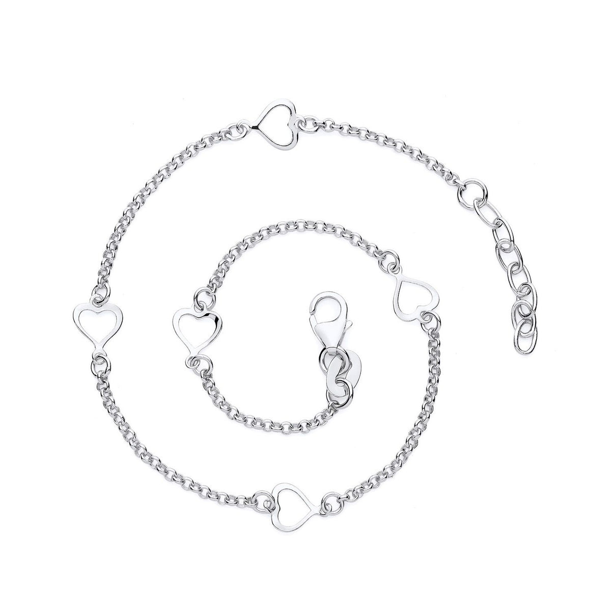 Sterling silver rolo anklet with four heart stations and a lobster clasp, displayed on a white background.