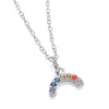 Sterling silver necklace with a crescent moon pendant featuring rainbow cubic zirconia and an added celestial charm.