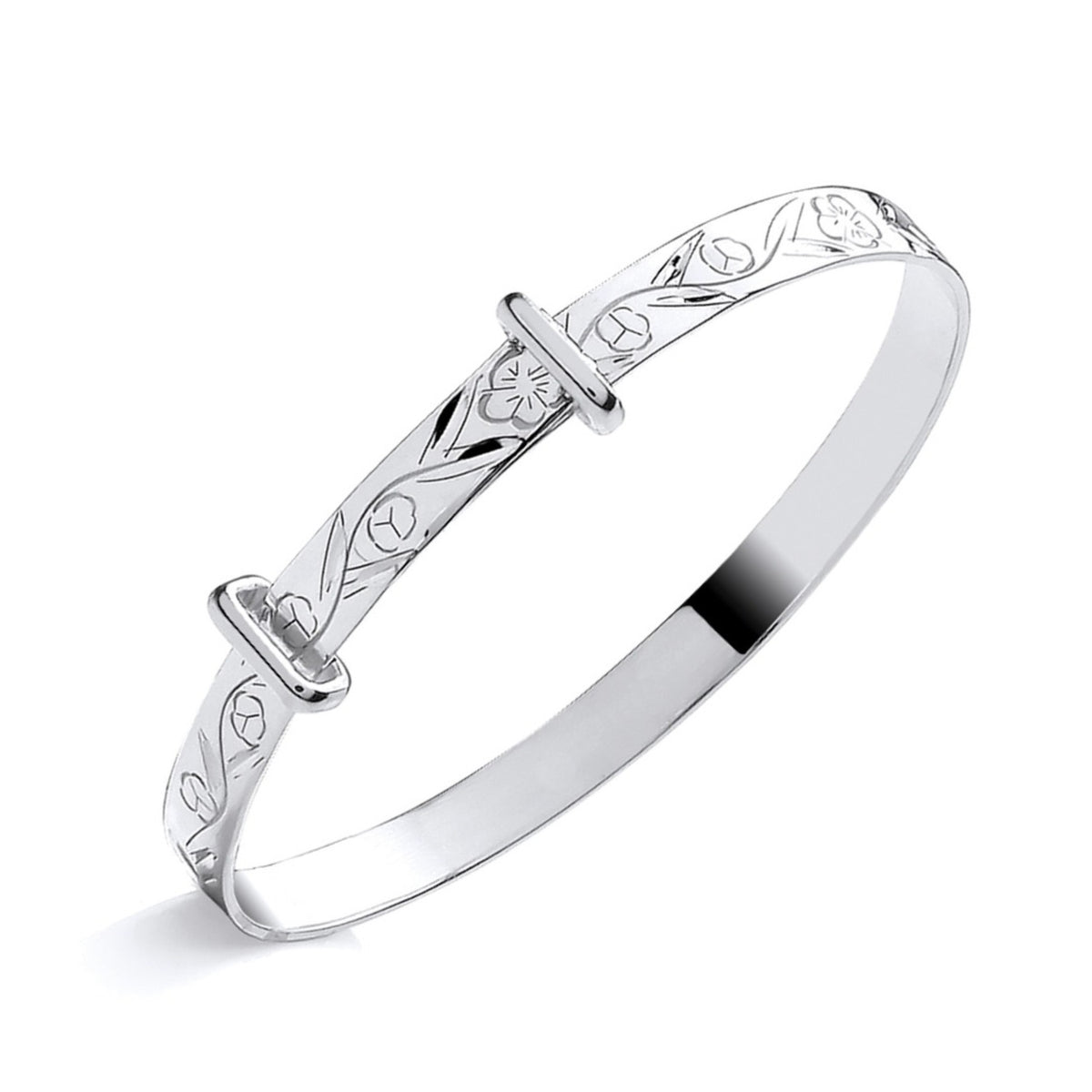 Sterling silver expanding baby bangle by Silversmiths features a floral pattern and two sliding clasps.
