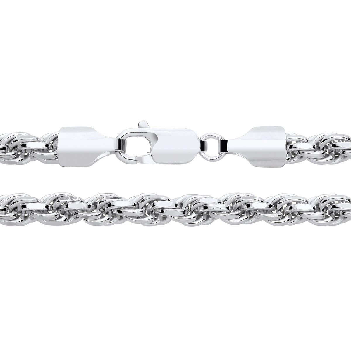 A 7.5mm sterling silver rope chain necklace with diamond-cut links and a lobster clasp shown on a white background.