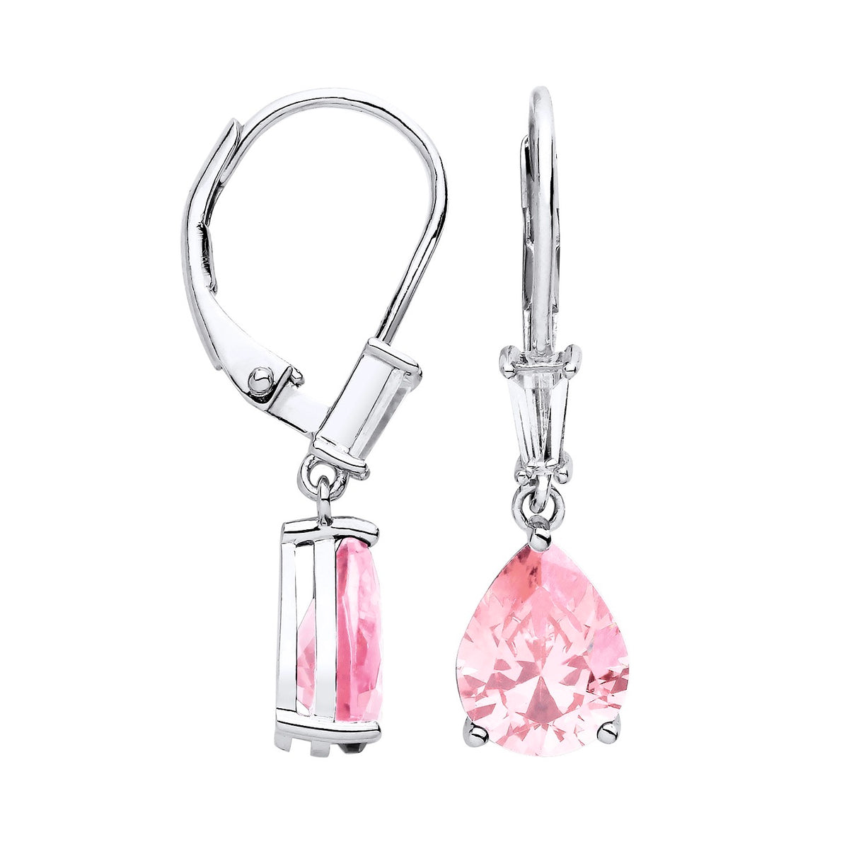 Silversmiths sterling silver drop earrings with prong-set simulated pink sapphire gemstones.