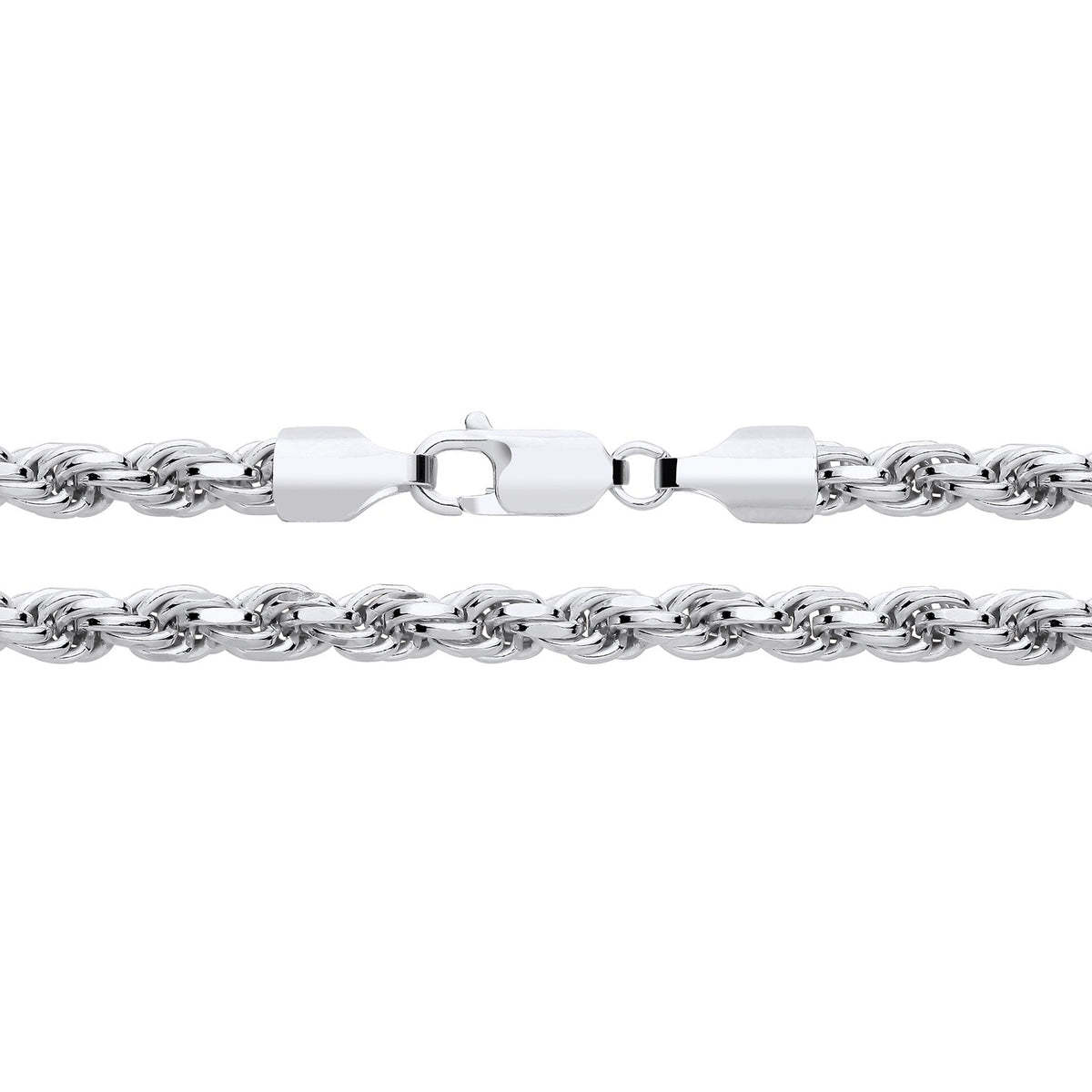 A 5mm sterling silver diamond-cut rope chain necklace with a lobster clasp is shown close-up on a white background.