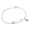Sterling silver children’s ID bracelet with a blank plate, evil eye charm, and secure spring clasp.
