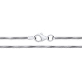 A 1.6mm sterling silver snake chain necklace with a lobster clasp, shown close up on a white background.