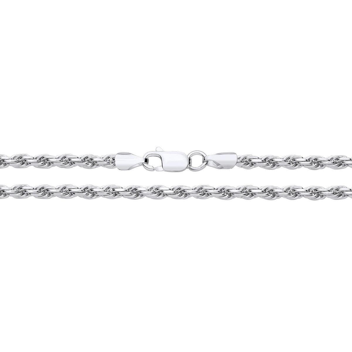 Sterling silver 2.75mm diamond cut rope chain necklace with lobster clasp displayed on a white background.
