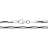 A 2.5mm sterling silver snake chain necklace with a lobster clasp is displayed straight on a white background.