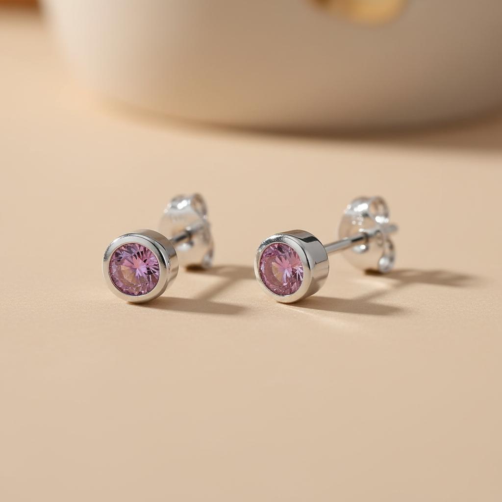 Sterling silver stud earrings feature round simulated amethyst stones set in simple bezel settings.
