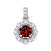 Sterling silver pendant with a simulated ruby center and CZ stones in a floral halo design.