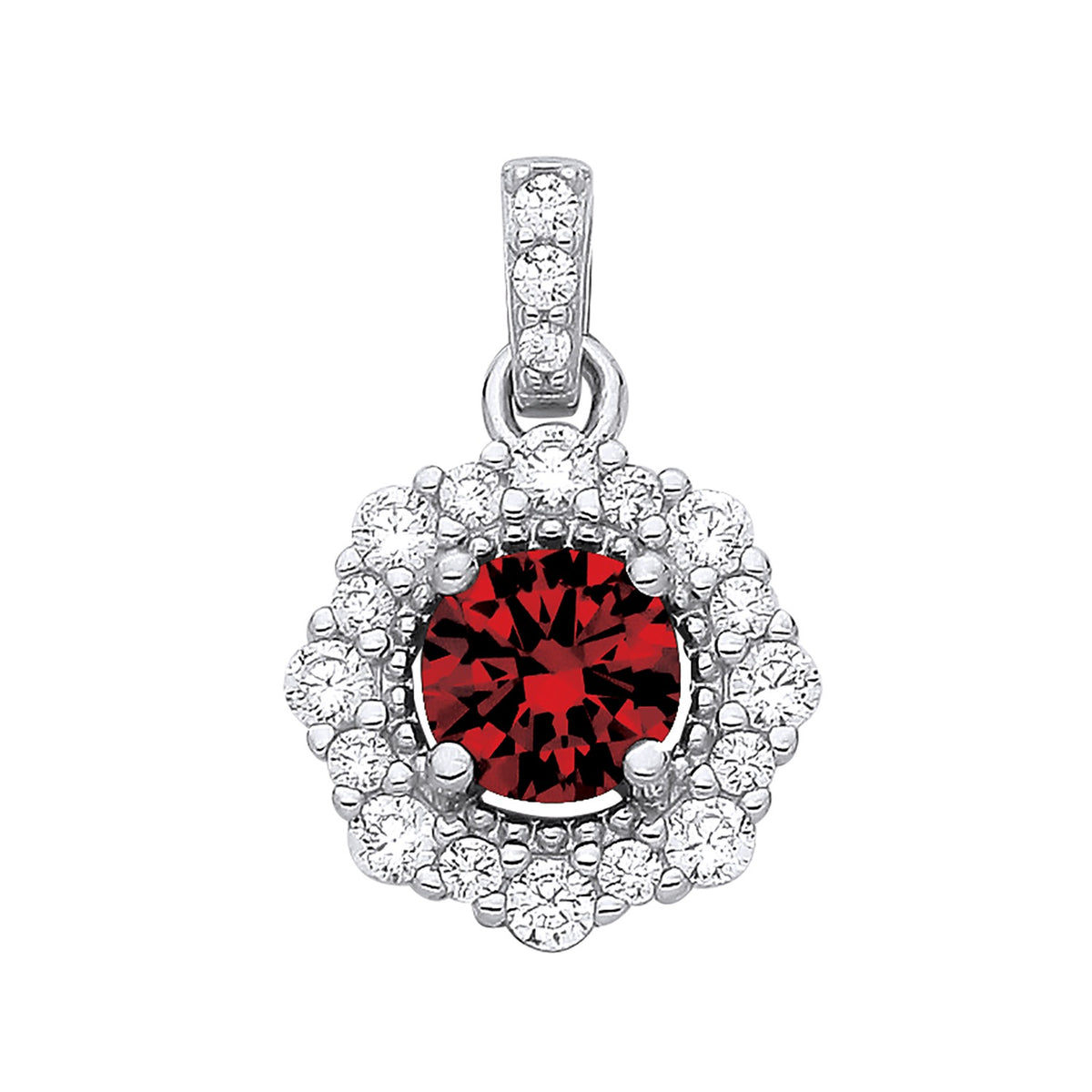 Sterling silver pendant with a simulated ruby center and CZ stones in a floral halo design.