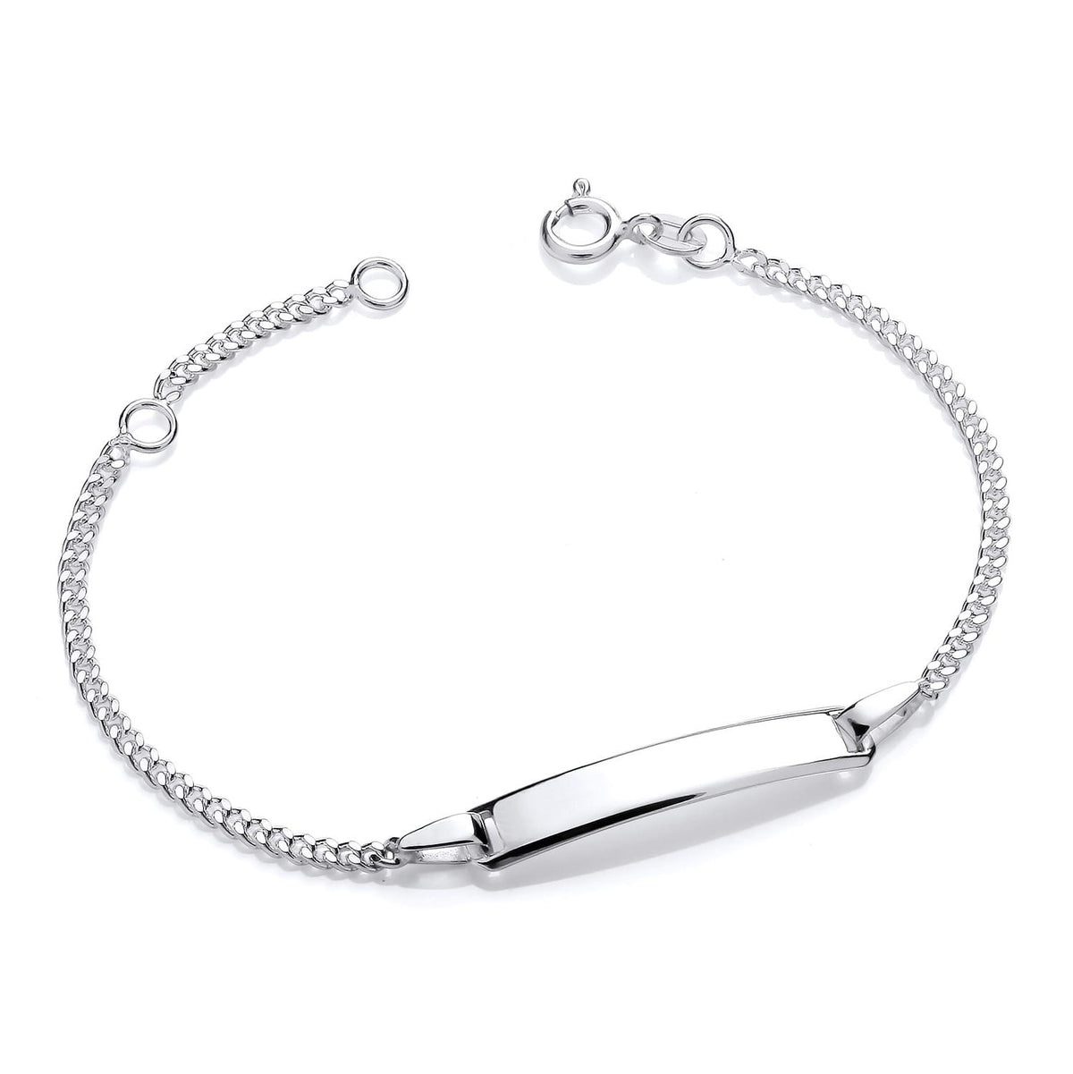 Sterling silver children’s ID bracelet by Silversmiths, plain design, adjustable length from 14 to 16 cm.