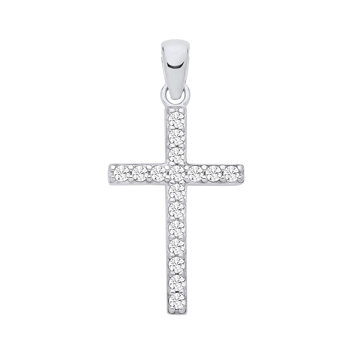 A Silversmiths sterling silver cross pendant with pavé cubic zirconia is displayed against a plain white background.