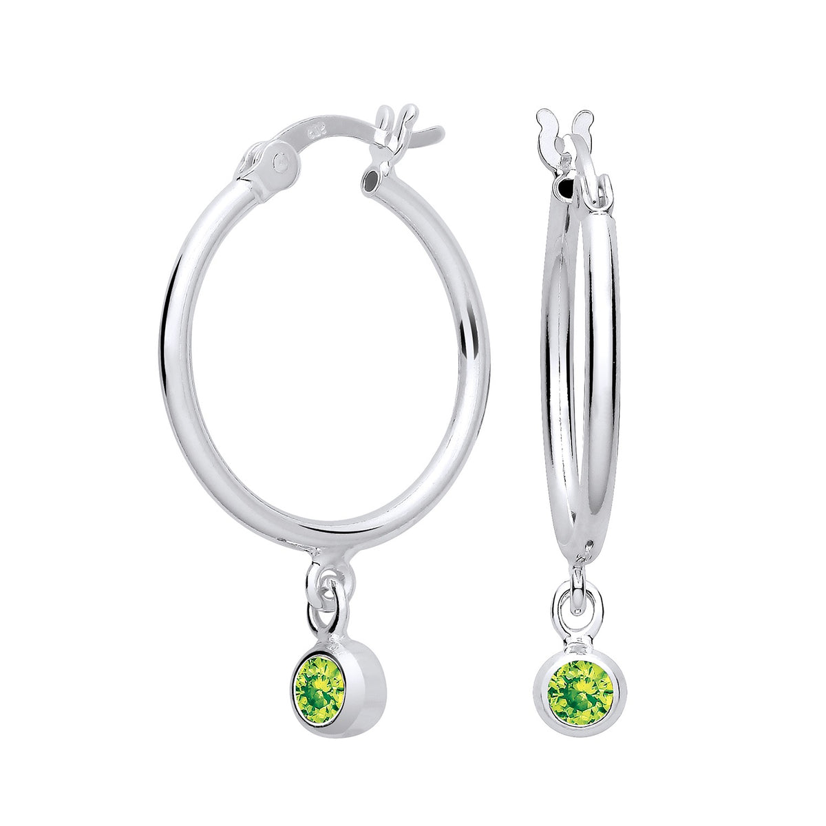 Sterling silver hoop earrings with simulated peridot green gemstone charms from Silversmiths.