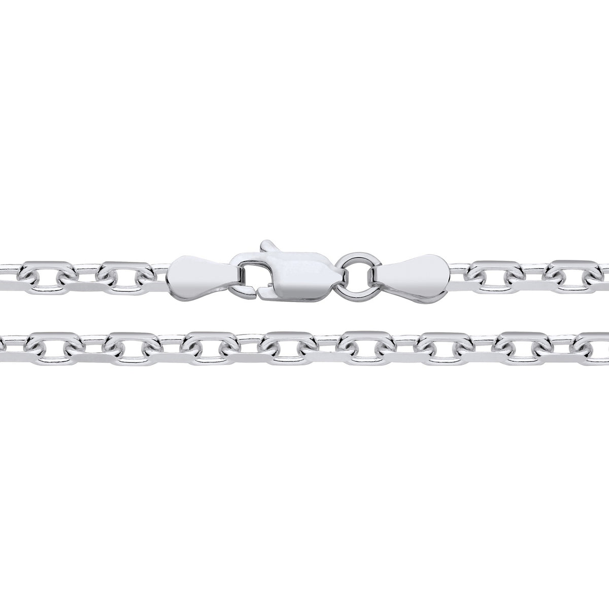 A 3mm sterling silver oval diamond cut belcher chain with a lobster clasp is displayed on a white background.