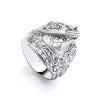Sterling silver 23mm men’s saddle ring with swirl patterns and a snake motif, shown on a white background.