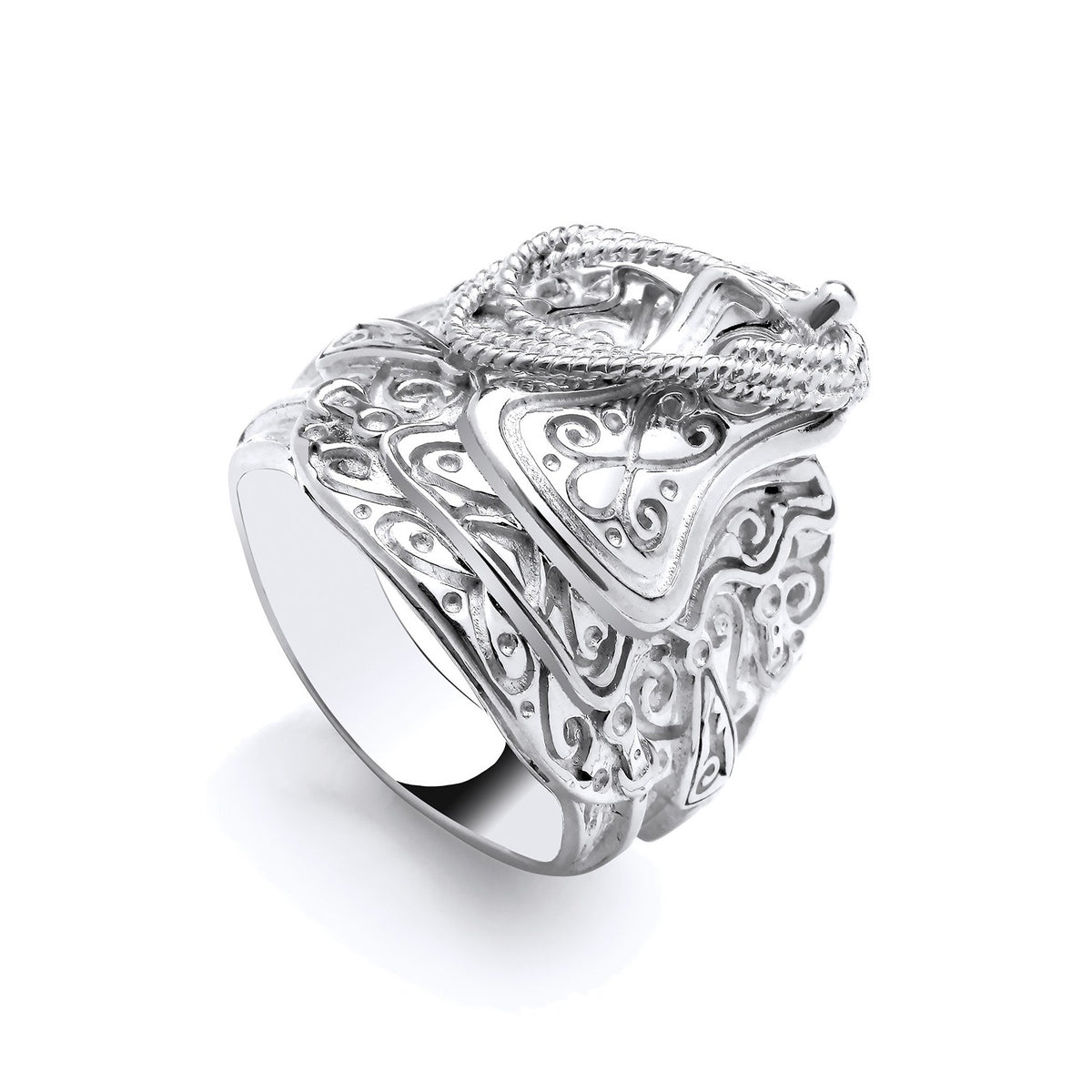 Sterling silver 23mm men’s saddle ring with swirl patterns and a snake motif, shown on a white background.